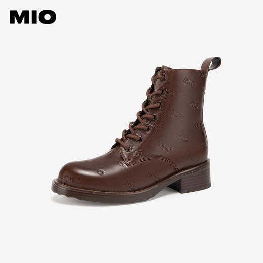 MIO米奥冬季靴子圆头方跟马丁靴中跟短筒牛皮革靴子女M235603805 商品图0
