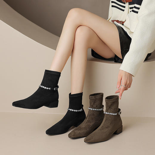 水钻皮带扣短靴，瘦瘦靴粗跟韩版弹力靴子HTK-F1266-2 商品图2