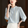KQL 369H1721气质时尚休闲小衫宽松显瘦条纹中袖半高领衬衫 商品缩略图1