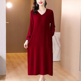 复古V领设计感金丝绒连衣裙女2023秋季新款时尚优雅气质内搭长裙AHM-krwl7826