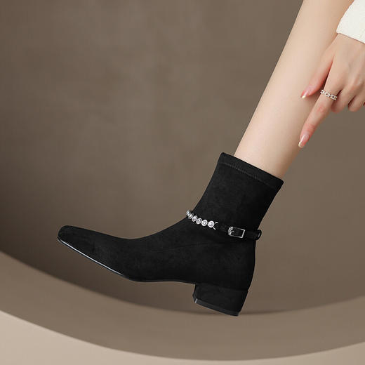 水钻皮带扣短靴，瘦瘦靴粗跟韩版弹力靴子HTK-F1266-2 商品图1