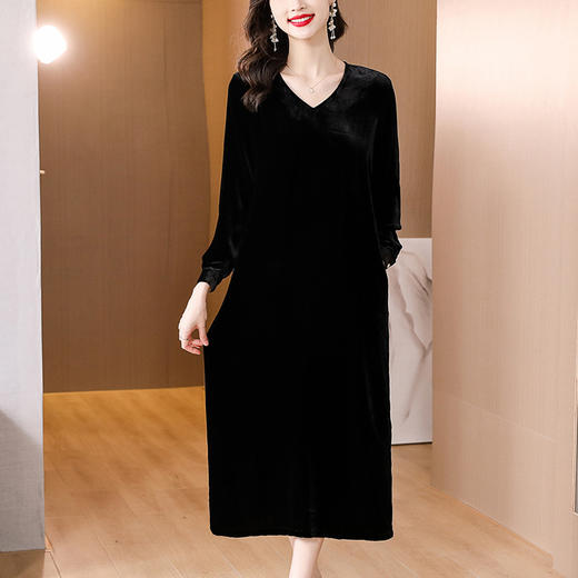 复古V领设计感金丝绒连衣裙女2023秋季新款时尚优雅气质内搭长裙AHM-krwl7826 商品图1