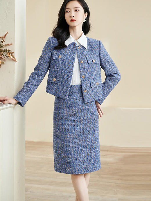 米思阳2026春季新款气质小香风时尚套装拼色纽扣一步裙两件套2989 商品图1