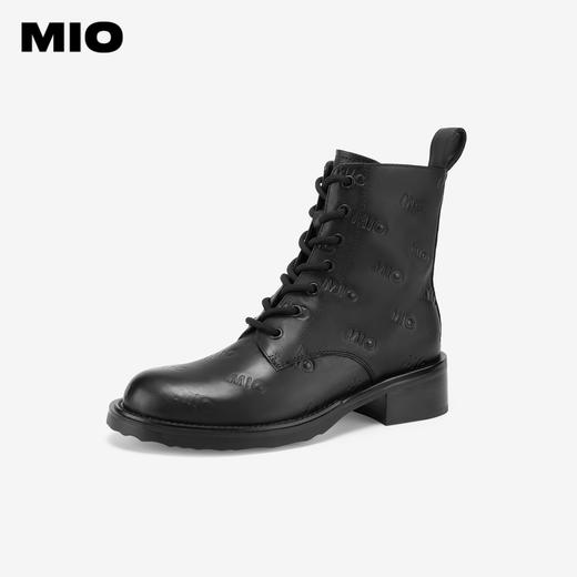 MIO米奥冬季靴子圆头方跟马丁靴中跟短筒牛皮革靴子女M235603805 商品图1