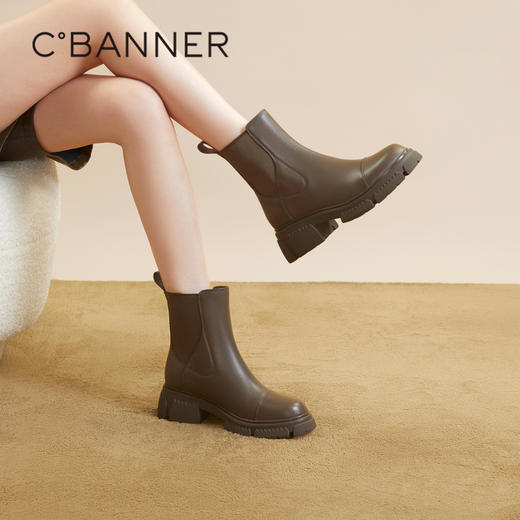 千百度真皮切尔西靴秋冬厚底增高烟筒靴短靴女A23539055 商品图2