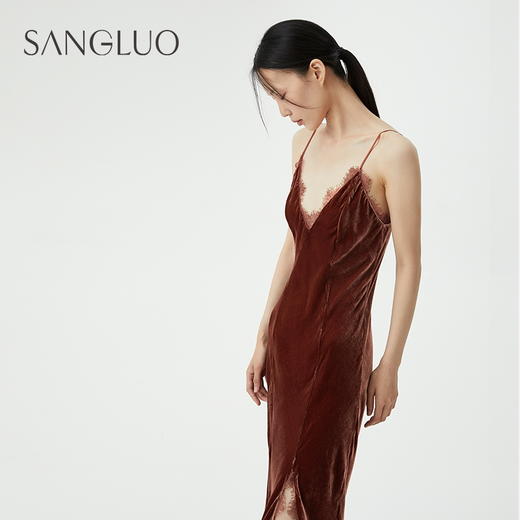 桑罗桑蚕丝丝绒睡裙蕾丝拼接摩登深V开叉可外穿afterparty吊带裙 商品图2