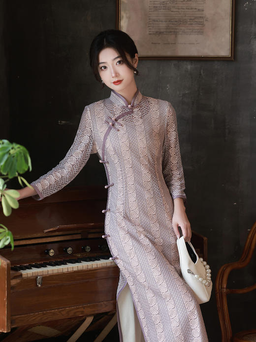 秋冬季新款，新中式蕾丝气质日常长款长袖古法斜襟女改良旗袍XL-23317 商品图0