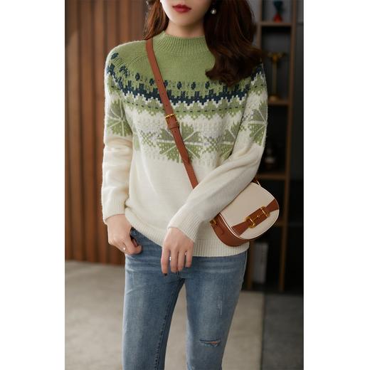 【现货7天】提花毛衣女2023春季新款宽松套头圆领时尚绿色雪花针织衫打底 商品图0