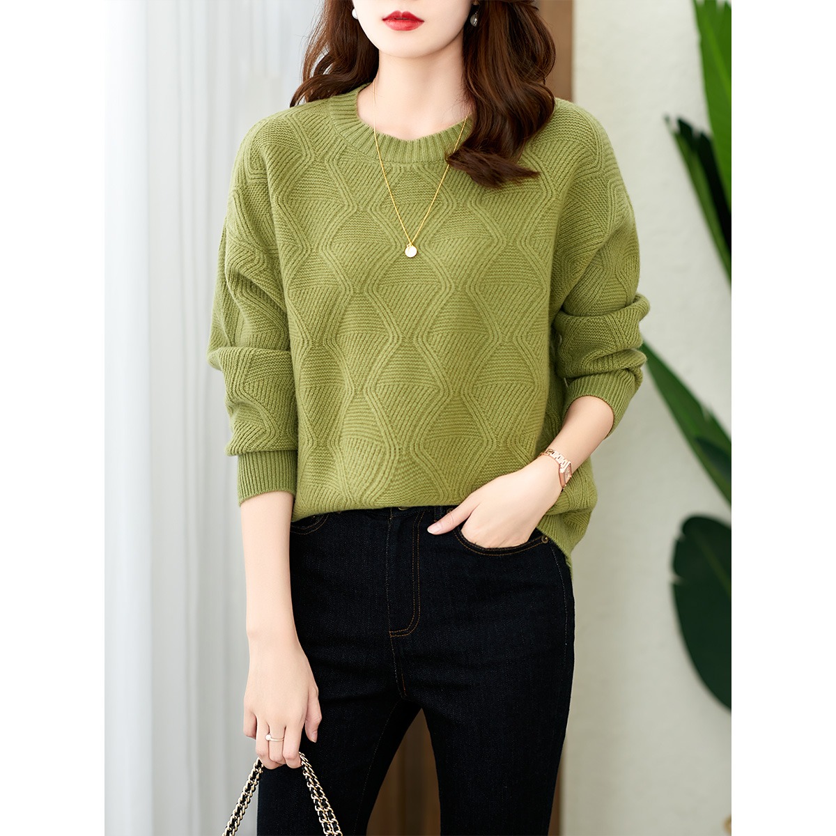 【现货7天】亲肤减龄羊绒绞花毛衣女粗线2023宽松慵懒风套头牛油果绿上衣