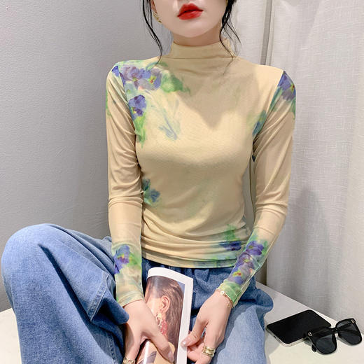 时尚洋气长袖高领网纱t恤，定位花打底衫KQL-A55F0855 商品图2
