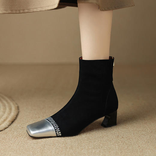 秋冬新款拼色水钻方头粗跟短靴，女后拉链中跟弹力显瘦女靴LD-6460 商品图3