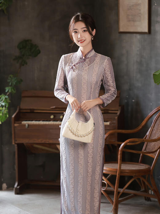 秋冬季新款，新中式蕾丝气质日常长款长袖古法斜襟女改良旗袍XL-23317 商品图2