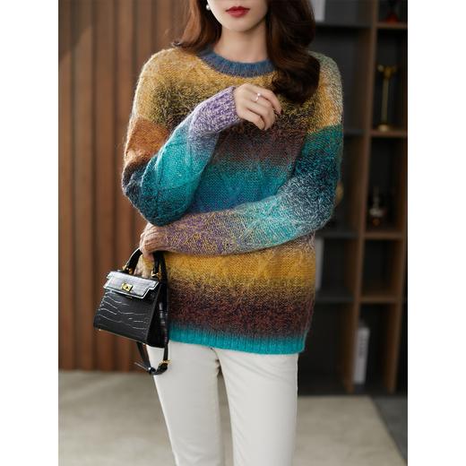 【现货7天】彩虹毛衣女2023春季新款套头圆领渐变条纹针织衫宽松慵懒外穿 商品图0