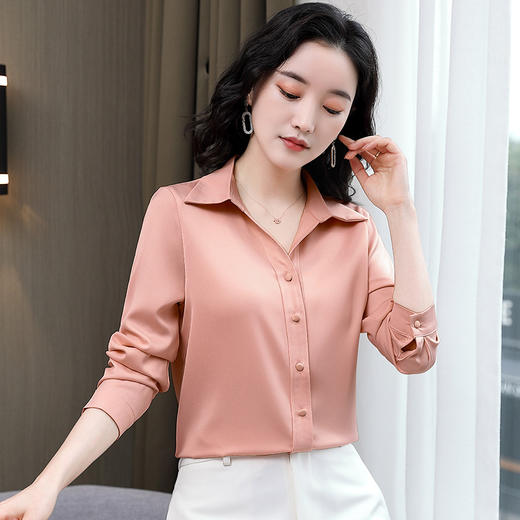 KQL-新款秋装气质OL职业缎面仿真丝长袖衬衫 商品图0