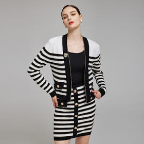 PE6A1斯尔丽2023秋季新款撞色条纹配金V领开衫搭配包臀半裙套装