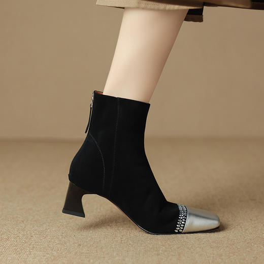 秋冬新款拼色水钻方头粗跟短靴，女后拉链中跟弹力显瘦女靴LD-6460 商品图6