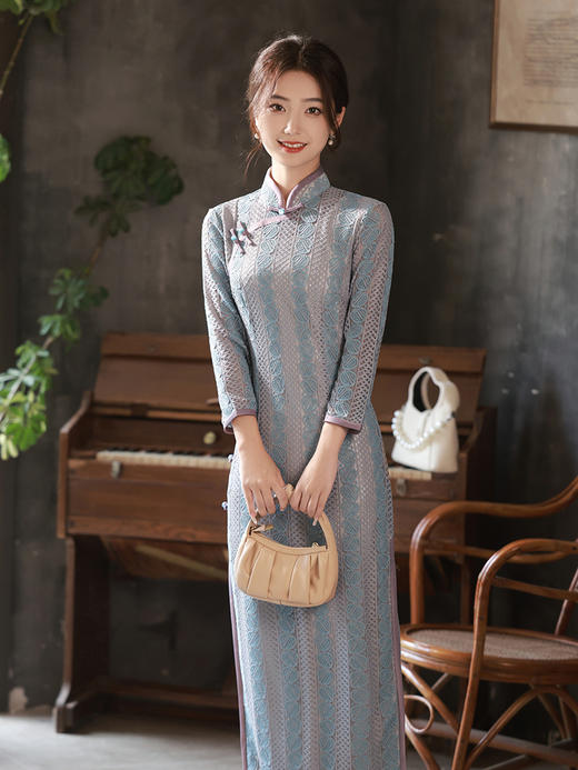 秋冬季新款，新中式蕾丝气质日常长款长袖古法斜襟女改良旗袍XL-23317 商品图6