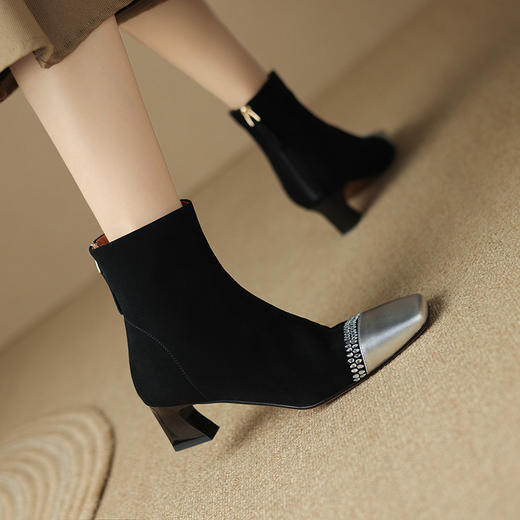 秋冬新款拼色水钻方头粗跟短靴，女后拉链中跟弹力显瘦女靴LD-6460 商品图2
