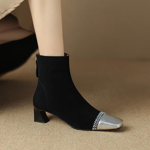 秋冬新款拼色水钻方头粗跟短靴，女后拉链中跟弹力显瘦女靴LD-6460 商品图5