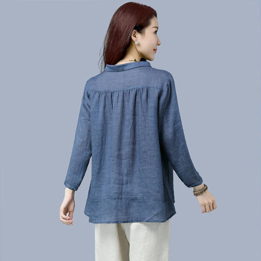 DD-蓝色棉麻衬衫女早秋七分袖2023新款宽松秋装上衣苎麻娃娃领衬衣 商品图4