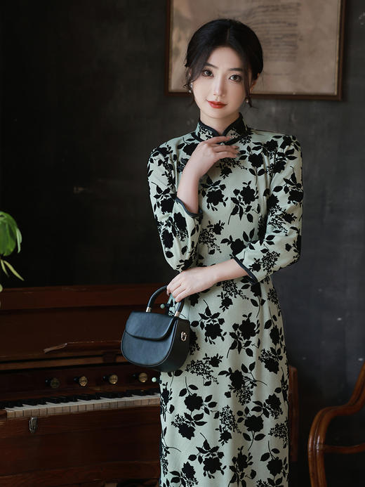 秋冬季新款旗袍，中式中老年长款修身老上海民国风长袖旗袍XL-23292 商品图2
