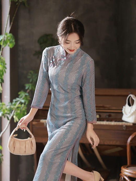 秋冬季新款，新中式蕾丝气质日常长款长袖古法斜襟女改良旗袍XL-23317 商品图1