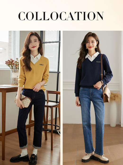 【专属好价】熙世界卫衣女套头2024秋冬设计感小众衬衫领拼接长袖假两件上衣 商品图3