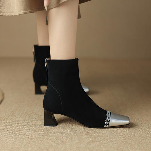 秋冬新款拼色水钻方头粗跟短靴，女后拉链中跟弹力显瘦女靴LD-6460 商品图1