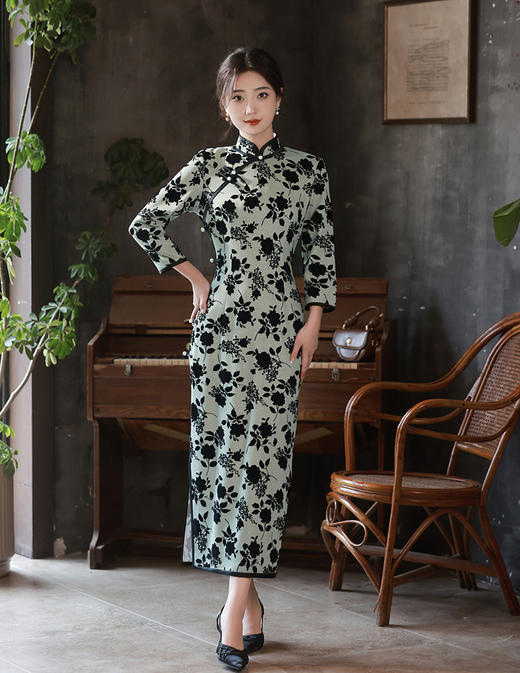 秋冬季新款旗袍，中式中老年长款修身老上海民国风长袖旗袍XL-23292 商品图4