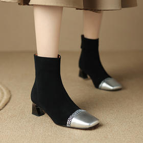 秋冬新款拼色水钻方头粗跟短靴，女后拉链中跟弹力显瘦女靴LD-6460
