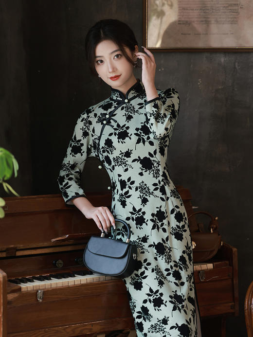 秋冬季新款旗袍，中式中老年长款修身老上海民国风长袖旗袍XL-23292 商品图0