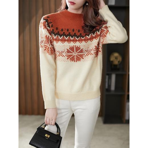 【现货7天】提花毛衣女2023春季新款宽松套头圆领时尚绿色雪花针织衫打底 商品图2