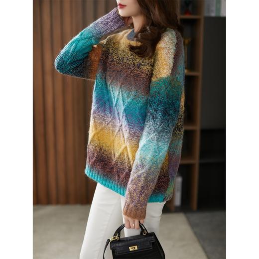 【现货7天】彩虹毛衣女2023春季新款套头圆领渐变条纹针织衫宽松慵懒外穿 商品图3