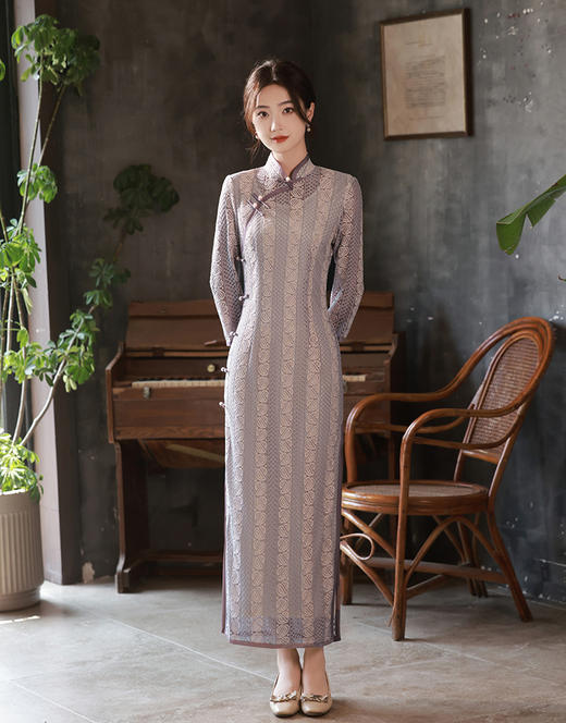 秋冬季新款，新中式蕾丝气质日常长款长袖古法斜襟女改良旗袍XL-23317 商品图4