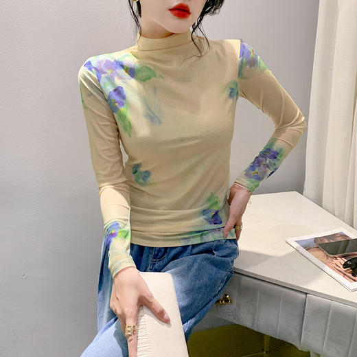 时尚洋气长袖高领网纱t恤，定位花打底衫KQL-A55F0855 商品图3