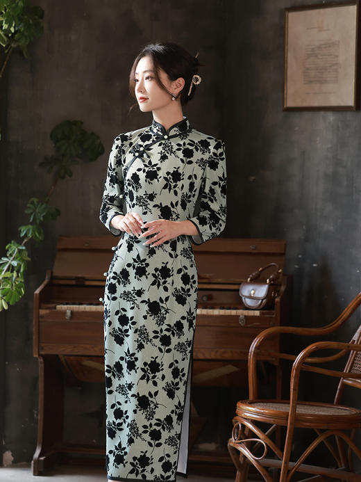 秋冬季新款旗袍，中式中老年长款修身老上海民国风长袖旗袍XL-23292 商品图3