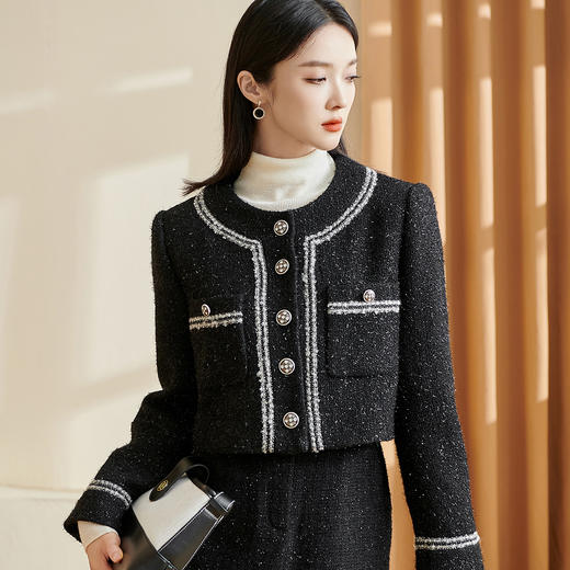 米思阳2026春季新款轻奢小香风短外套撞色单排扣圆领长袖上衣2908 商品图0