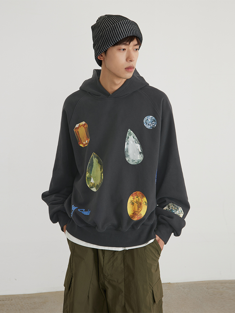 Crying Center 富豪趣味满钻卫衣Rich people 炭黑灰带帽卫衣