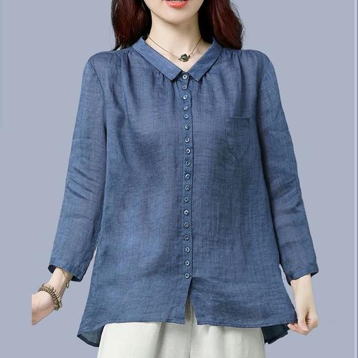 DD-蓝色棉麻衬衫女早秋七分袖2023新款宽松秋装上衣苎麻娃娃领衬衣 商品图7