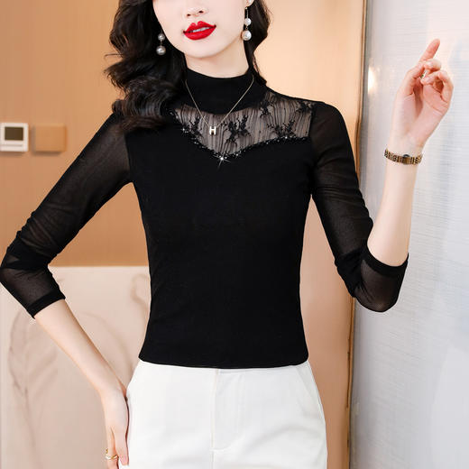 SMZ10675半高领钉珠长袖打底衫2023秋冬新款气质优雅修身显瘦洋气保暖上衣 商品图2