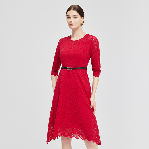 NG831斯尔丽2023秋季新款蕾丝实穿修身A摆圆领连衣裙 商品图2