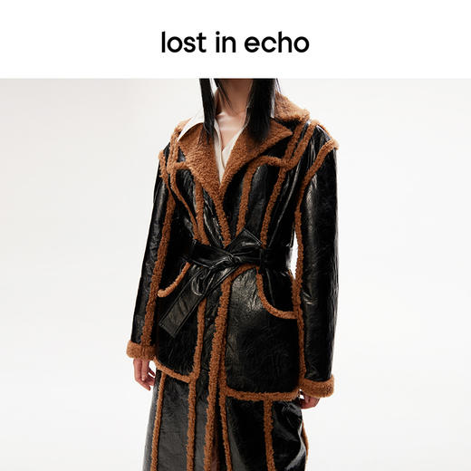 lost in echo设计师品牌时尚廓形羊毛里拼接PU长款皮衣外套大衣 商品图2