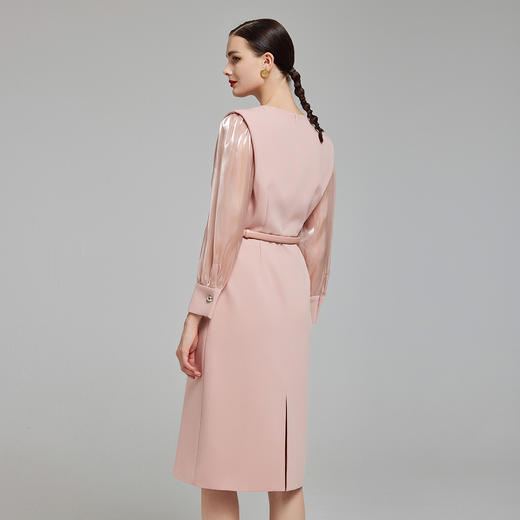 NG833斯尔丽2023秋季新款立体袖玻璃纱袖子配腰带时尚职场韩版连衣裙 商品图1