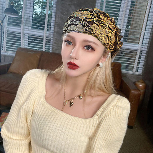 DD-新款复古镂空蕾丝头巾帽洋气大花朵包头帽遮白发薄头套女帽子 商品图2
