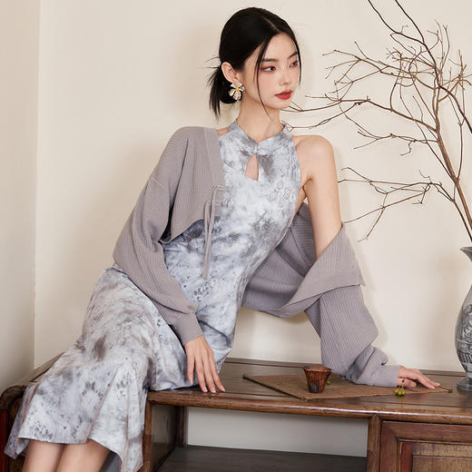 西遇韩系套装新款长袖针织开衫新中式复古旗袍连衣裙两件套V0038448/V0038447 商品图3