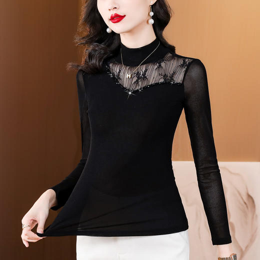SMZ10675半高领钉珠长袖打底衫2023秋冬新款气质优雅修身显瘦洋气保暖上衣 商品图3