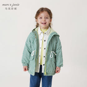 马克珍妮秋装新款女童儿童绿格印花收腰连帽风衣外套231787