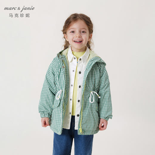 马克珍妮秋装新款女童儿童绿格印花收腰连帽风衣外套231787 商品图0