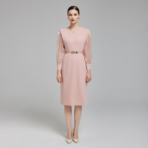 NG833斯尔丽2023秋季新款立体袖玻璃纱袖子配腰带时尚职场韩版连衣裙 商品图3
