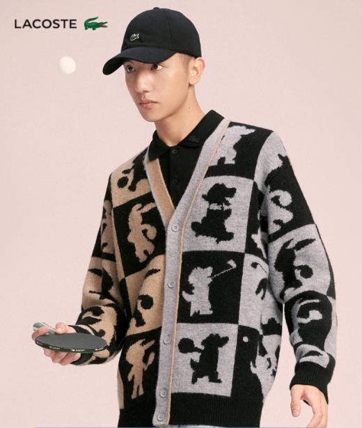 【海南专供价】Lacoste法国鳄鱼情侣款美拉德穿搭图案印花拼色V领针织开衫AH7374-98 商品图1